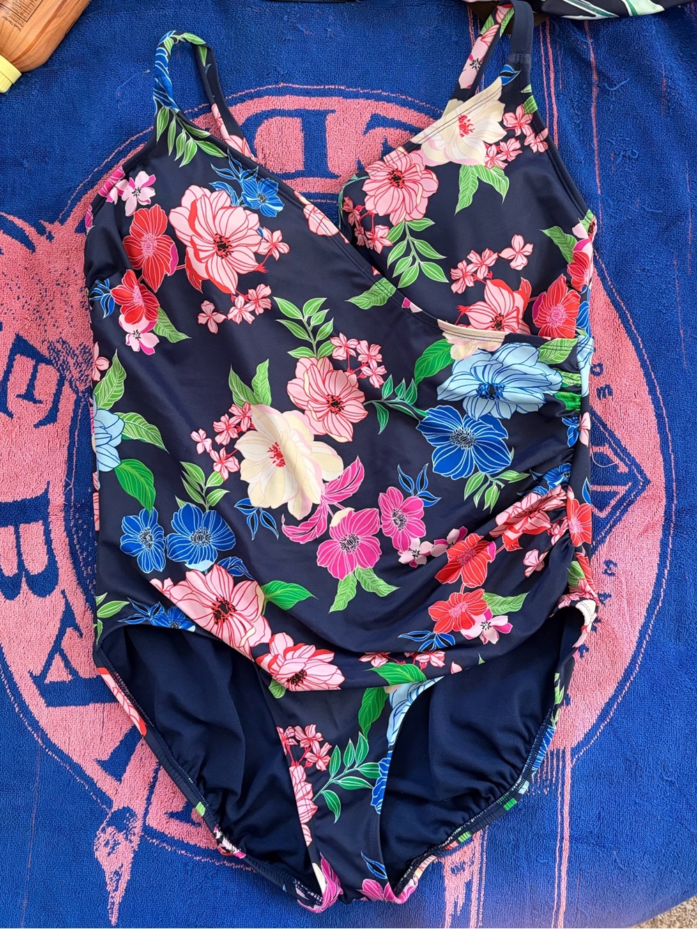 Liz Claiborne Navy Floral Wrap One-Piece Swimsuit with Pink, Blue & Green Blooms